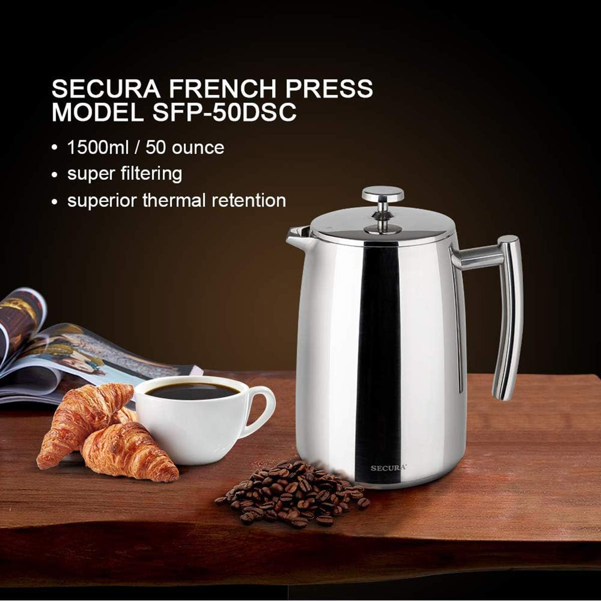 French Press Coffee Maker, 50-Ounce, 304 Stainless Steel Insulated Coffee Press with Extra Screen