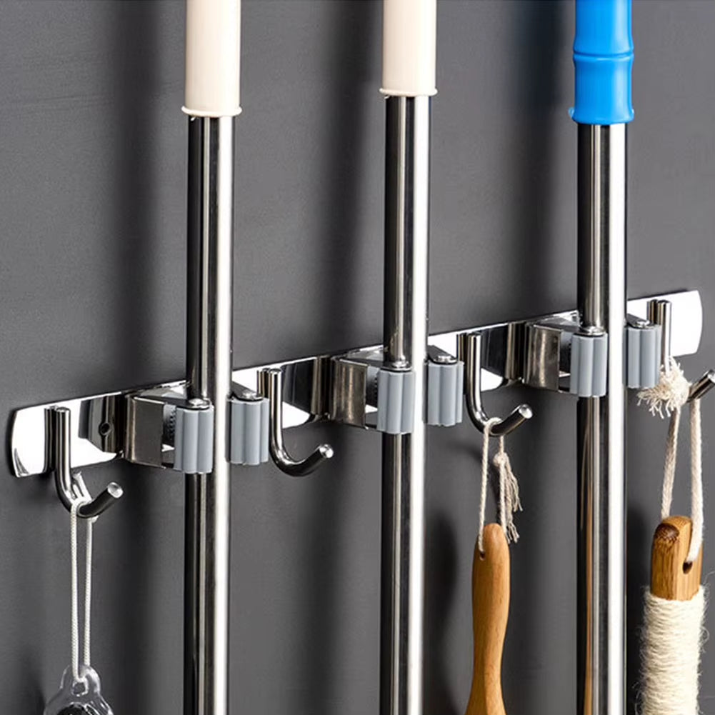 GripLock™ Stainless Steel Wall Mount Mop & Broom Holder – Space-Saving Hook for Kitchen & Bathroom Organization