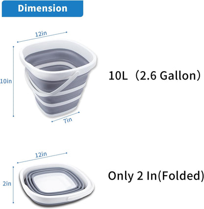 Collapsible Bucket 10L 2.6 Gallon Cleaning Bucket Mop Bucket Folding Foldable Portable Small Plastic Water Supplies for Outdoor Garden Camping Fishing Car Wash Space Saving Grey Square